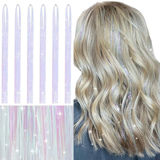 WENNALIFE Hair Tinsel for Girls, Bright White Fairy Kit 1200 Strands 6PCS 48 Inch Heat Resistant Glitter Tinsel Hair Extensions Kit Christmas Feathers Sparkle Strands