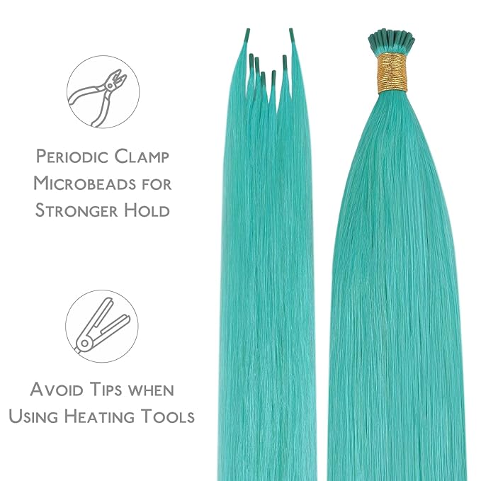 WENNALIFE I Tip Hair Extensions Human Hair, 50g 100s 14 Inch Teal Green Remy Itip Human Hair Extensions Invisible Itips Straight I Tips Fusion Extensions Real Human Hair