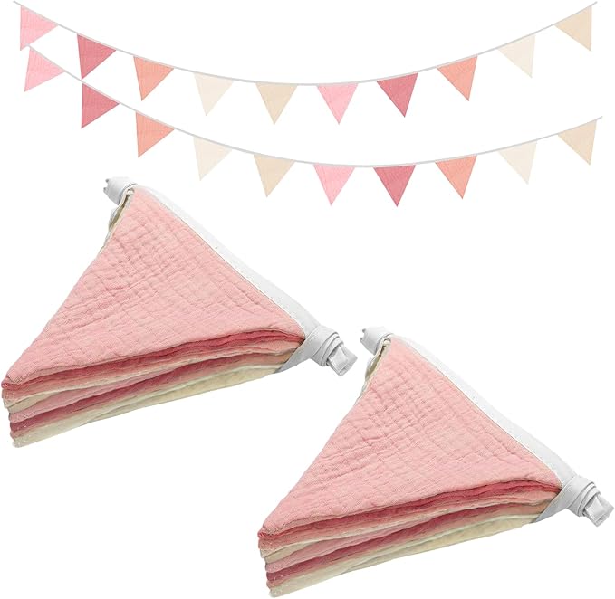 2PCS Pennant Banner Flags, Fabric Bunting Banner Nursery Garland Decor, Baby Shower Garland, Triangle Flags for Baby Boy Room, Playroom, Boho Birthday Party Decor, Each 7.75 ft (Pink Beige)