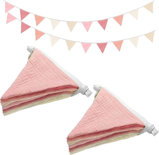 2PCS Pennant Banner Flags, Fabric Bunting Banner Nursery Garland Decor, Baby Shower Garland, Triangle Flags for Baby Boy Room, Playroom, Boho Birthday Party Decor, Each 7.75 ft (Pink Beige)