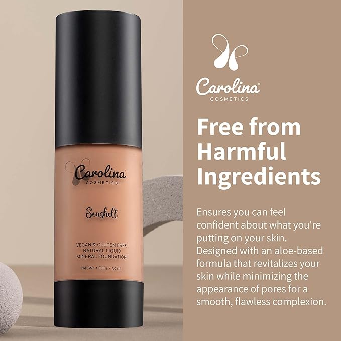 Carolina Cosmetics - Plant-Based Foundation in Seashell Shade - Hydrating, Pore-Minimizing & Buildable Coverage - Vegan, Non-GMO, Gluten-Free, Paraben-Free- Sun Protection - 1Fl Oz