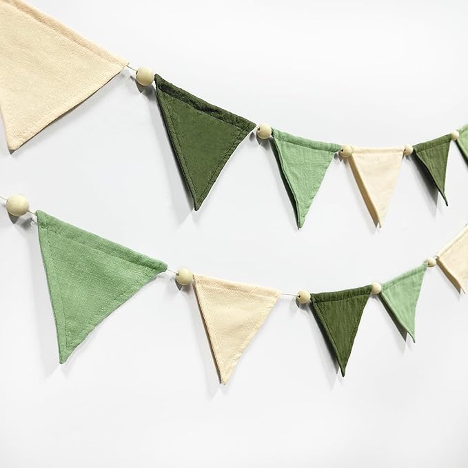 2 Sets of Sage Green Wood Beads Pennant Banner 20Pcs Flags Nursery Garland Olive Green Fabric Linen Triangle Streamers for Baby Room Decor Kids Jungle Safari Birthday Baby Shower Party Decorations