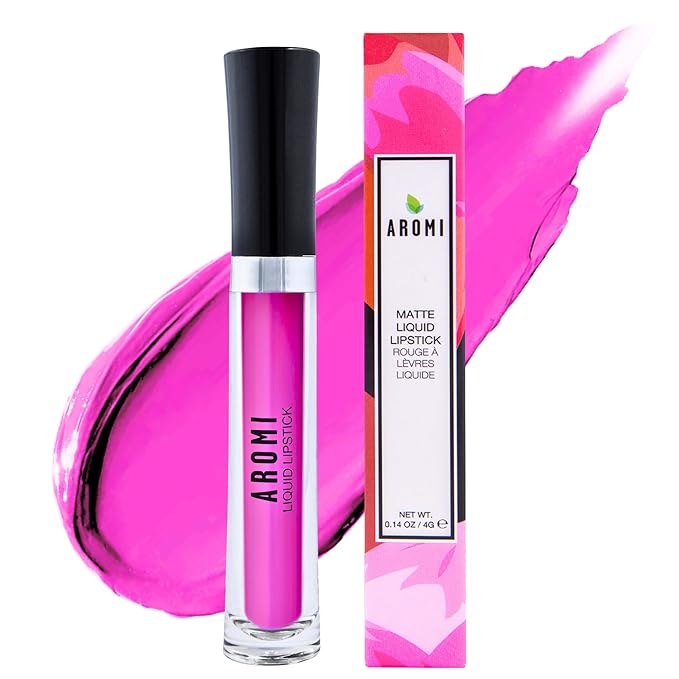 Aromi Bright Pink Matte Liquid Lipstick | Long-Lasting, Magenta Fuchsia Lip Color for Women, Blue Undertones, Vegan, Waterproof (Pink Peonies)
