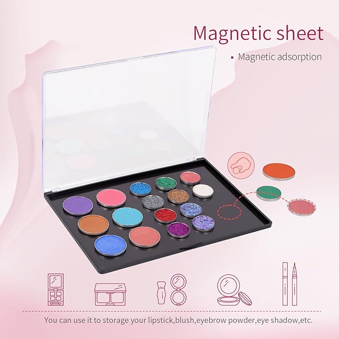 Magnetic Makeup Palette with Clear Top, Empty Eyeshadow Pan Dispensing Storage Box with 40Pcs Adhesive Metal Stickers for DIY Cosmetics Blush Powder(XL Large - 9.25"x6.57")