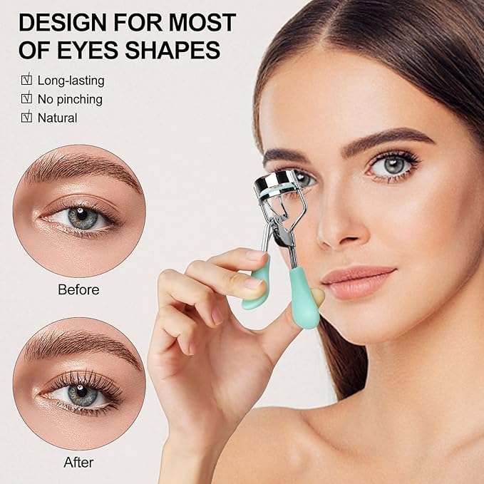 Eyelash Curler with Comb and Brush Fit All Eye Shape Curved Eyelash Curlers with 5PCS Silicone Refill Pad,Natural and Long Lasting Lash Curler for Women Make Up Gift(Green)