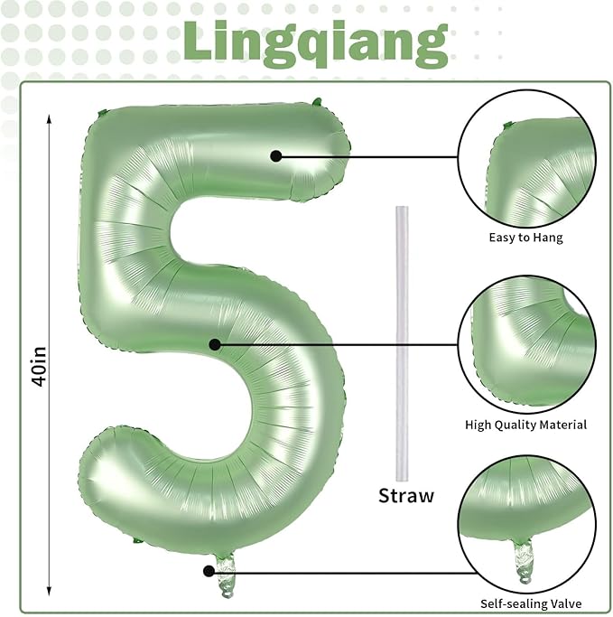 Sage Green 5 Balloons, 40" Giant Helium Foil Number 0-9 Olive Green Birthday Balloon for Boys Girls, Self Inflating Digit 5 Balloons for Women Men Anniversary Jungle Safari Party Decorations Supplies