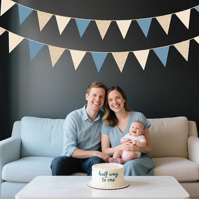 30Ft Champagne Gold Dusty Blue Beige Party Decorations Pennant Banner Flag Hanging Paper Triangle Bunting for Baby Shower Birthday Graduation Wedding Bachelor Retirement Nautical Party Supplies