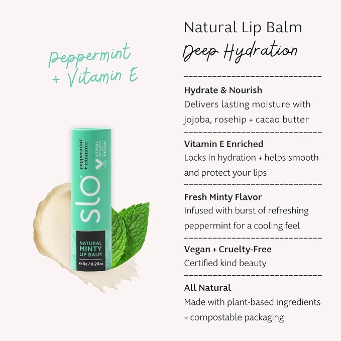 Slo | Natural Lip Balm - All Natural Ingredients, Vegan & Cruelty Free, Hydrating & Soothing, Plastic Free, Paper Packaging | Peppermint + Vitamin E, (0.28oz/8g)