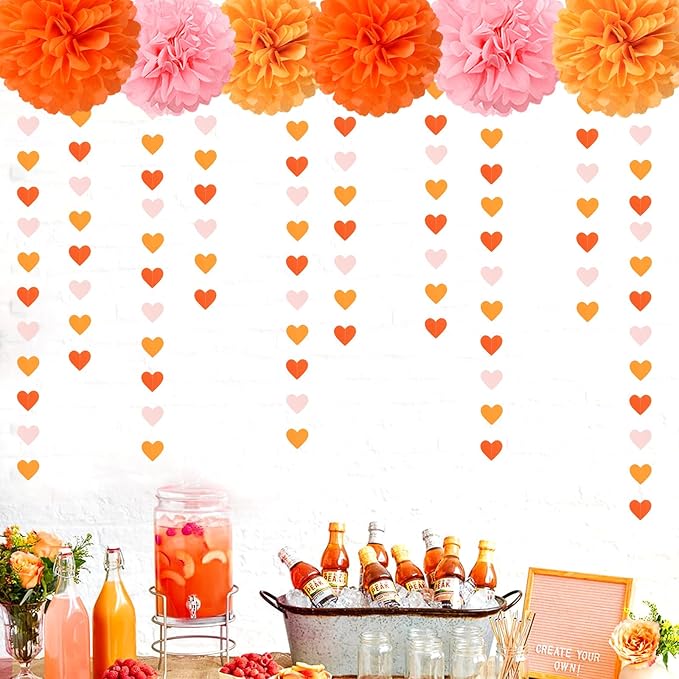Pink Orange Fall Engagement Party-Decorations Heart-Garland - 52ft Fall Autumn Thanksgiving Harvest Hanging Streamers Banner,Birthday Baby Bridal Shower Wedding Bachelorette Groovy Decor Panduola