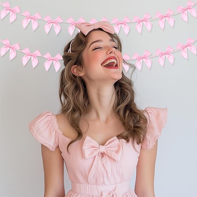 2pcs Pink Bow Garland Banner, Pink Ribbon Bow Party Decorations for Baby Shower Girls Bow Coquette Birthday Party Decor
