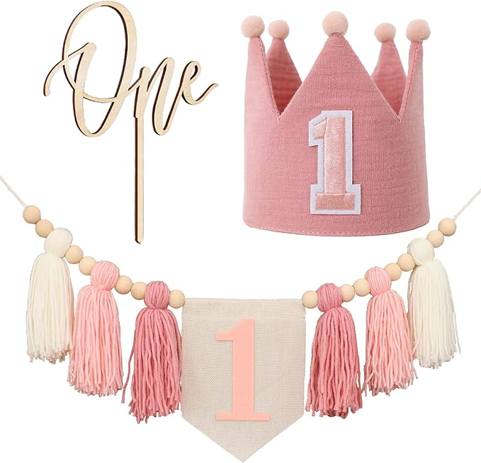 Pink Baby Girl 1st High Chair Banner Wood Bead Tassel Garland Crown Hat Wooden Cake Topper Birthday Party Decorations