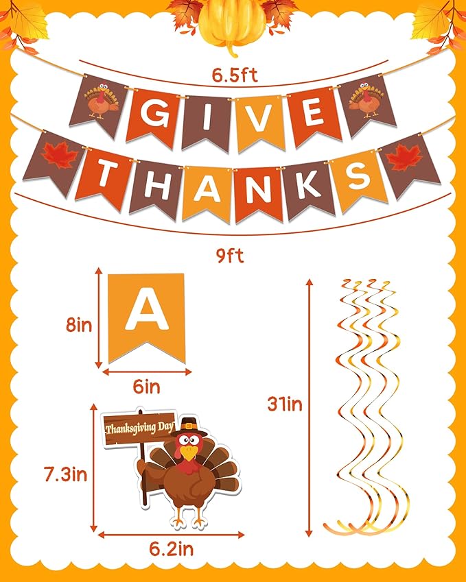 45 Pcs Thanksgiving Decorations, GIVE THANKS Banner with Hanging Swirls for Indoor Wall, Friendsgiving Decorations for Party Office Home Classroom