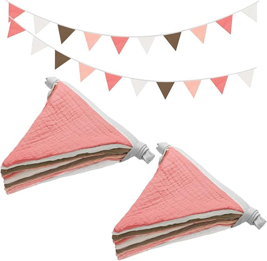 2PCS Pennant Banner Flags, Fabric Bunting Banner Nursery Garland Decor, Baby Shower Garland, Triangle Flags for Baby Boy Room, Playroom, Boho Birthday Party Decor, Each 7.75 ft (White Pink)