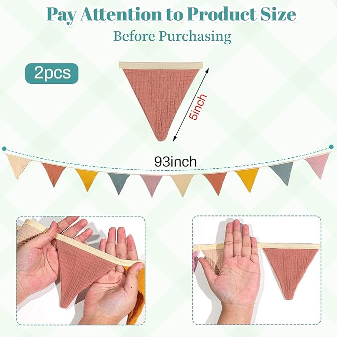 2PCS Pennant Banner Flags, Fabric Bunting Banner Nursery Garland Decor, Baby Shower Garland, Triangle Flags for Baby Boy Room, Playroom, Boho Birthday Party Decor, Each 7.75 ft (Vintage Color)