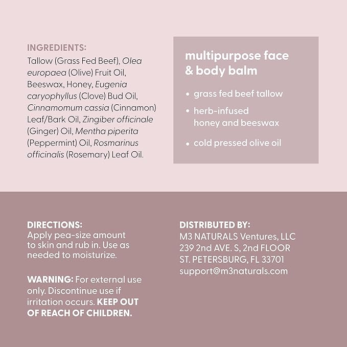 100% Grass Fed Beef Tallow for Skin, Body and Face | Moisturizing Honey Balm Scented with Cinnamon, Rosemary, Peppermint and Clove Bud Essential Oils | Suitable For Dry & Irritated Skin, 2 oz (57g)