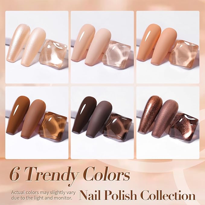 Born Pretty Brown Nail Polish Quick Dry, 6 Colors Fall Nude Brown Caramel Coffee Chestnuts Chocolate Glitter Nail Polish Neutral Beige Khaki Fingernail Polish All Seasons Nail Art DIY Home Salon Gift
