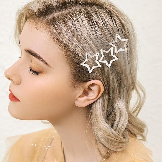 Star Hair Clips 2000s Y2K Snap Hair Barrettes Non Slip Star Hair Accessories Silver Metal Hair Clips for Girls Women -15 PCS 1.57"