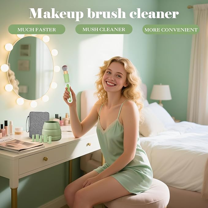 Electric Makeup Brush Cleaner Machine -15000RPM Fast Deep Cleaning and Dry Make Up Brushes Efficient Cleaning with Storage Cas, Portable Spinning Washer, Gift for Women-Green