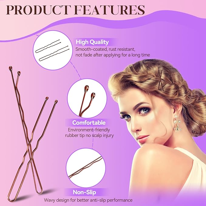 300 Pcs Bobby Pins Hair Pins Kit with Storage Box, 100 Brown Non - Slip Bobby Pins, 100 Invisible Hair Pins for Women and 100 Clear Hair Elastics, Lock in the Style for All Hair Types & Ages