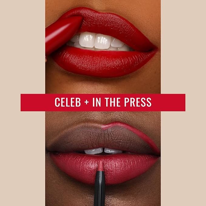 Runway Rogue ‘Celeb’ Matte Berry Red 90s Vibe Lipstick Bundle with ‘In the Press’ Crimson Dark Red Designer Liner Lip Liner Pencil and Sharpener