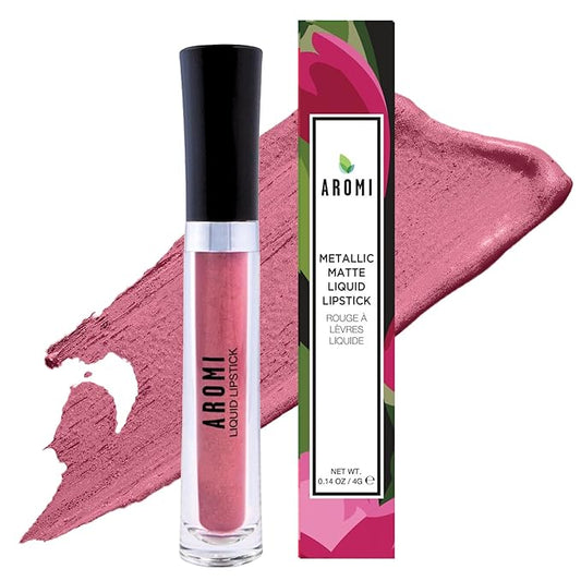 Aromi Metallic Liquid Lipstick | Rosy Chestnut Lip Color with Shimmery Finish, Vegan, Pink Nude Shade, Long-lasting, Waterproof (Alpine Bloom)
