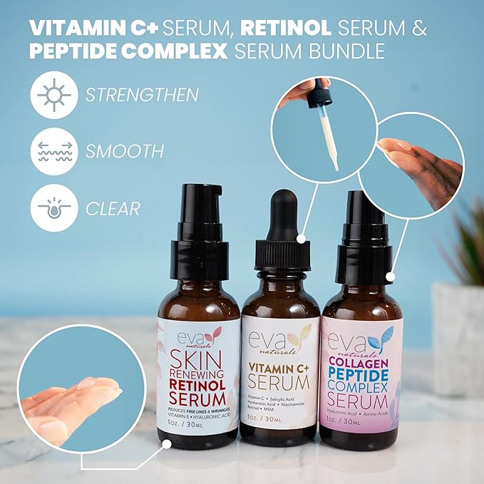 Eva Naturals Trifecta Face Serum Set – Retinol, Vitamin C & Peptides with Hyaluronic Acid & Niacinamide – Anti-Aging Skincare Bundle for Women – Collagen Boosting, Wrinkle & Spot Treatment