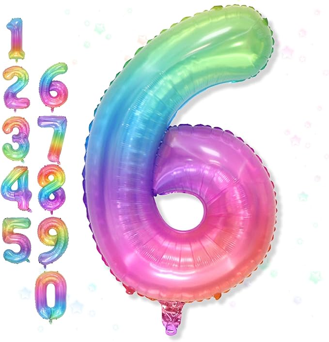40 Inch 6 Balloon Number, Large Rainbow Foil Number 6 Balloons Birthday Party Decor, Helium Mylar Self Inflating Pastel Colorful Multicolor Balloon for Girls Kids 6th Birthday Anniversary Decorations