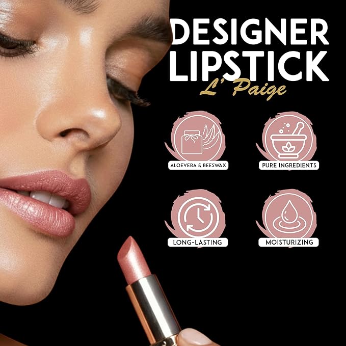 L'Paige Designer Lipstick - Rosy Pearl Color with Aloe Vera, Moisturizing and Long-Lasting Formula, Silky Silvery Pink Finish, Hydrating Lip Color for Soft, Smooth Lips, All-Day Wear, Shade L56