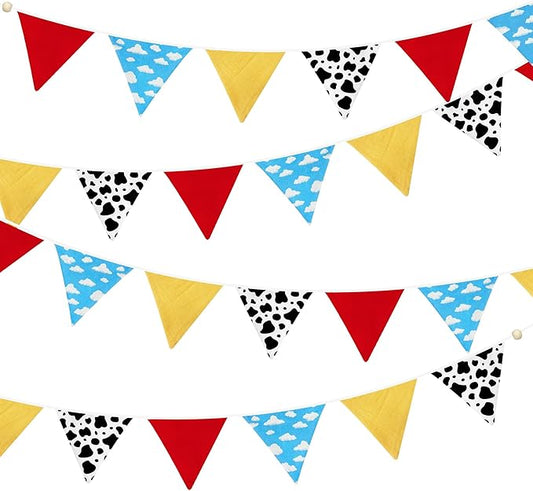 2 Sets of Cartoon Story Party Decorations Nursery Garland 24Pcs Red Blue Yellow Toy Themed Story Fabric Banner Cloud and Cow Print Triangle Pennant Flag Streamers for Kids Birthday Baby Shower Decor
