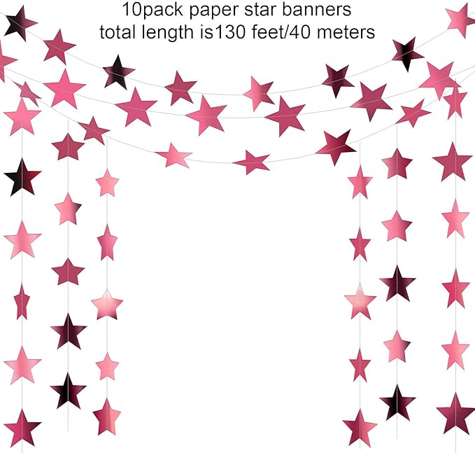 Patelai Glitter Star Garland Banner New Years Decor 130 Feet Star Hanging Banner Twinkle Backdrop for Birthday Classroom Wedding Halloween Christmas Party Supplies(Rose Pink)