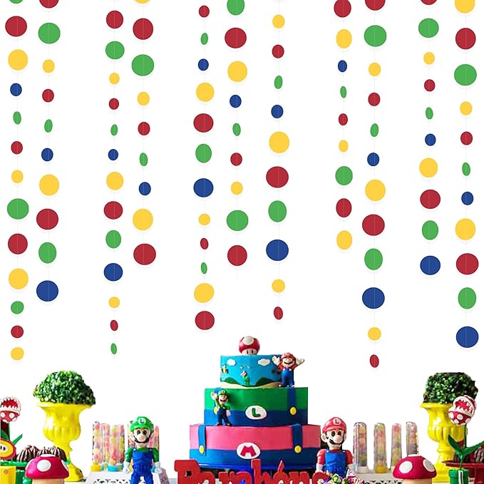 Super Mario Party Decorations Circle Dot Garland Red Blue Yellow Green Hanging Paper Polka Dot Streamer for Birthday Baby Shower Wedding Bridal Shower Carnival Circus Clown Fiesta Party Supplies