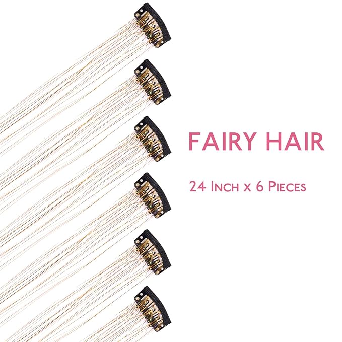 WENNALIFE Hair Tinsel Clip In for Girls Champagne, 6pcs 24 inch Hair Tinsel Clips Tinsel Hair Extensions Clip in Colorful Glitter Tinsel Hair Clips Sparkle Fairy Hair Accessories for Kids