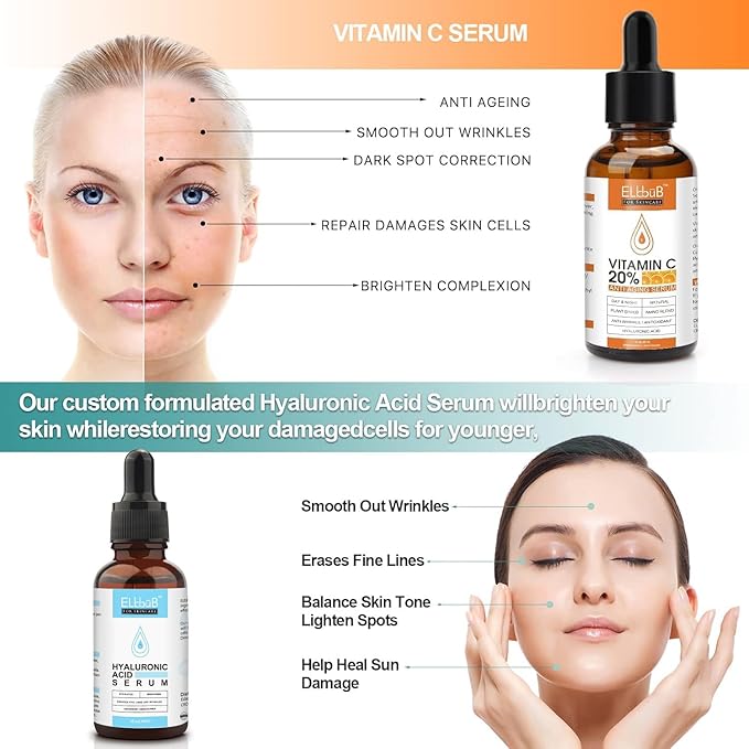 Anti Aging Vitamin C Serum Hyaluronic Acid Serum Set - with Hyaluronic Acid, Skin Care Set Boost Skin Collagen,Hydrate & Plump Skin, Anti Aging & Wrinkle Facial Serum
