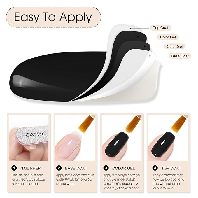 CANNI Black Gel Nail Polish, 1Pcs Pure Black Color High Gloss Soak Off UV Gel Polish Nail French Manicure Salon DIY