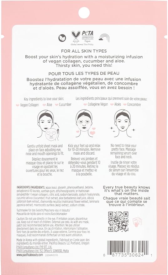 Pacifica Vegan Collagen Hydrate & Plump Face Mask 4-Pack – Hydrating & Plumping Peptide-Infused Sheet Mask for Dewy Skin, with Vegan Collagen, Cucumber & Aloe, Clean Beauty Skincare