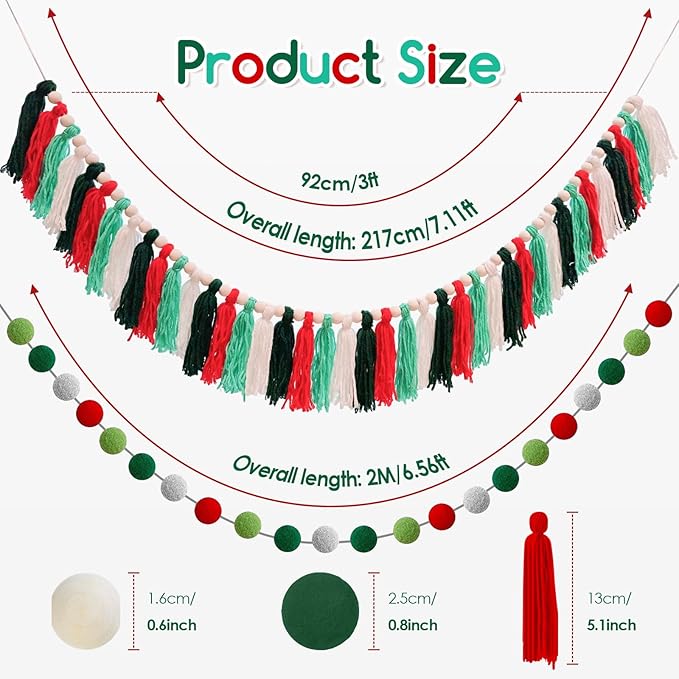 2 Pcs Boho Tassel Christmas Garland, Pom Pom Tassel, 6.5 Feet Long 20 Felt Balls, Christmas Colorful Wall Hanging Party Decorative Banner, Home Decoration Birthday Baby Shower