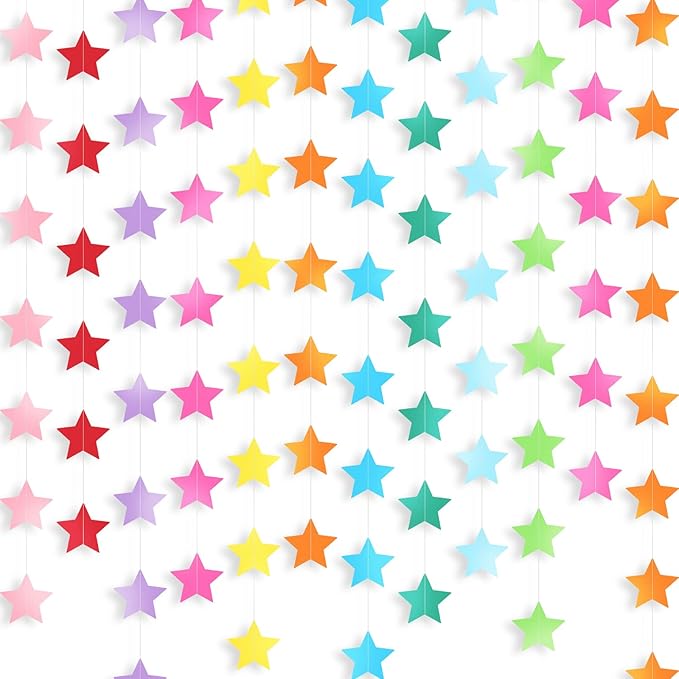 Patelai Glitter Star Garland Banner New Years Decor 130 Feet Star Hanging Banner Twinkle Backdrop for Birthday Classroom Wedding Halloween Christmas Party Supplies(Rainbow)