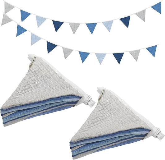 2PCS Pennant Banner Flags, Fabric Bunting Banner Nursery Garland Decor, Baby Shower Garland, Triangle Flags for Baby Boy Room, Playroom, Boho Birthday Party Decor, Each 7.75 ft (Blue Gray)