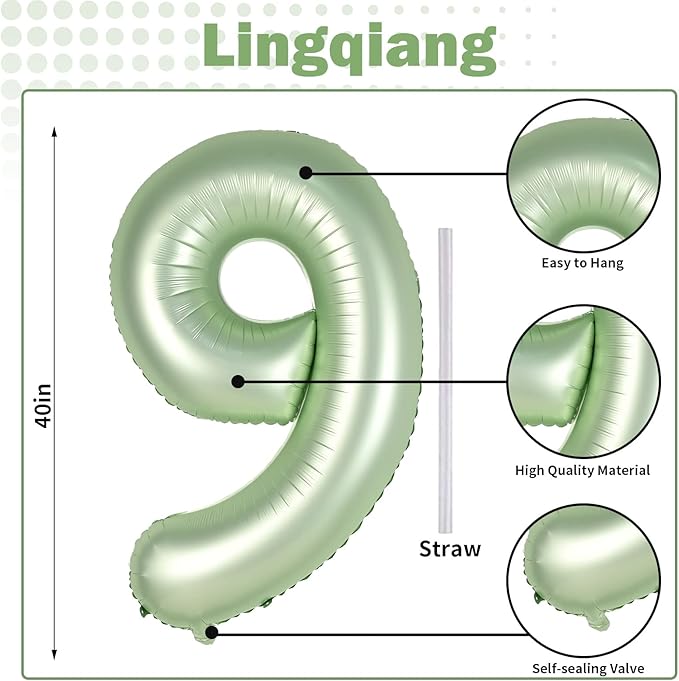 40'' Sage Green Number 9 Balloon, Self Inflating Foil Number Balloons Set 0-9, Olive Green Digital 9 Helium Balloon for Girls Boys 9th Jungle Safari Birthday Party Decorations Anniversary Supplies