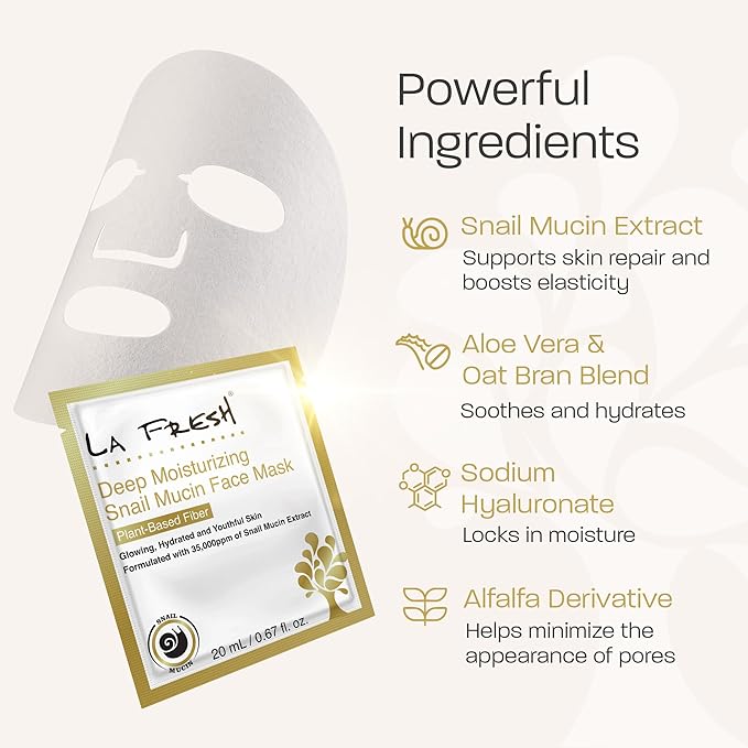 La Fresh Deep Moisturizing Snail Mucin Sheet Mask, Glow, and Hydration Face Mask with Snail Mucin Essence, 10 Count