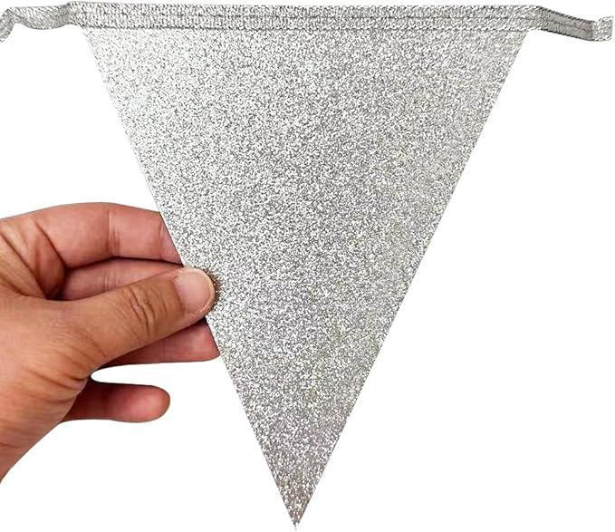 Teal Blue and Silver White Pennant Banner Flag Hanging Glitter Paper Triangle Bunting for Birthday Baby Shower Graduation Bridal Shower Wedding Engagement Turquoise Aqua Party Decorations Supplies