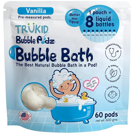 TruKid Bubble Podz Bubble Bath for Kids, Toddlers, & Babies, Tear Free Gentle & Refreshing Bath Bomb for Sensitive Skin with Natural Moisturizers, Non-Toxic, pH Balanced, Vanilla Scent (60 Podz)