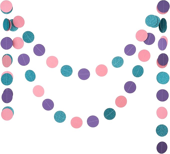 WEVEN Circle String Decorations Paper Garland Banner Streamer Party Decor 2.5" 20 ft (Pink, Purple, Teal Glitter)