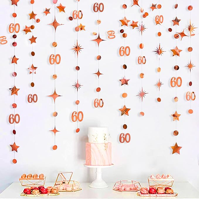 Rose Gold 60th Birthday Decorations Number 60 Circle Dot Twinkle Star Garland Metallic Hanging Streamer Bunting Banner Backdrop for 60 Year Old Happy Birthday 60th Anniversary Sixty Party Supplies
