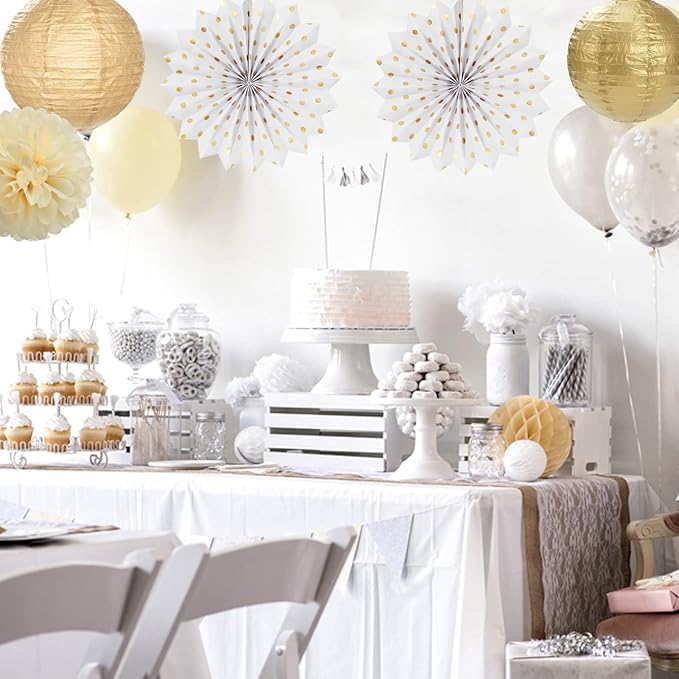 White Gold Party Decorations Streamers - 14pcs Christmas Wedding Engagement Paper Lanterns Fan,Tissue Pom Poms,Honeycomb Balls,Bachelorette Neutral Birthday Baby Bridal Shower Decor Lasting Surprise