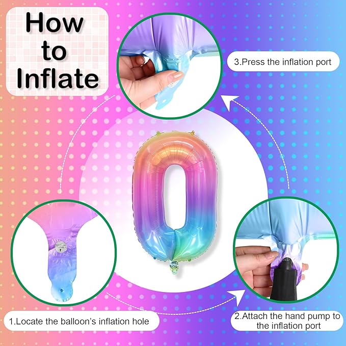 Rainbow Number 0 Balloon, 40 Inch Colorful Self Inflating Foil Balloons, Globos De Numeros Grandes, Large Mylar Helium Multicolor Number 0 Balloon for Kids Birthday Party Decor Baby Shower Decorations