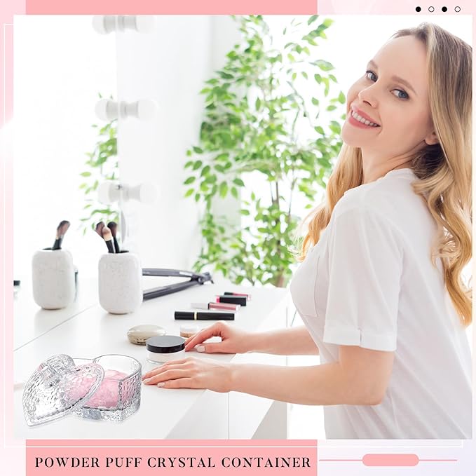 Tioncy 3 Pcs Large Body Powder Puff and Container Powder Container with Puff Crystal Case Soft Washable Reusable Velour Face Body Glitter Wet Dry Makeup(Heart,Clear)