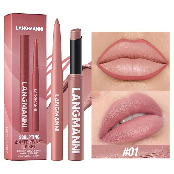Lip Liner + Lipstick Set (12 Shades Available) -Matte Lipstick for Women, Silk Finish Hydration Lip Kit, Waterproof Smooth Creamy Texture, Bold to Nude Shades for Daily & Party Wear, Makeup Gift (01)