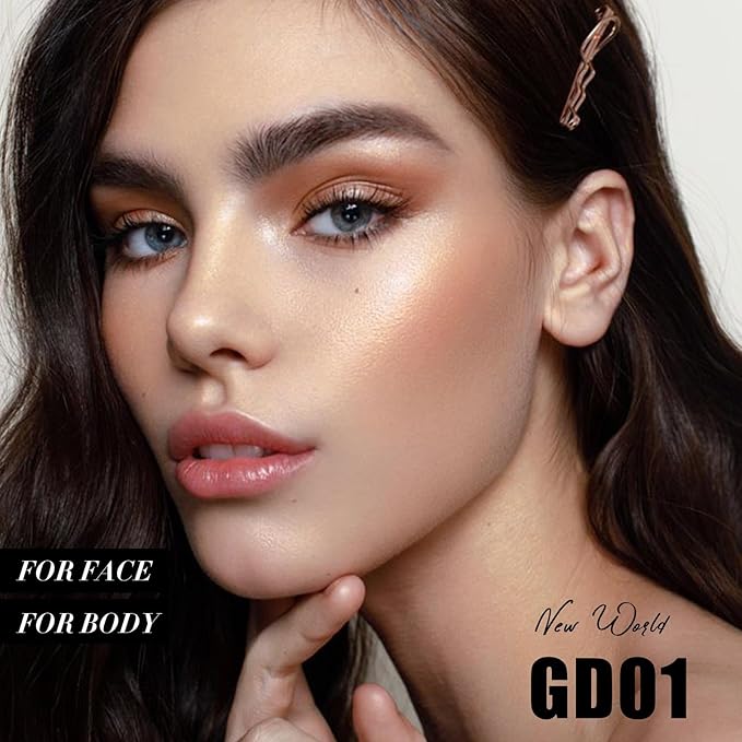 FOCALLURE Shimmer Face Highlighter Makeup Powder, Gel to Powder Glow Finish, Leaving a Lightweight & Healthy Radiance, Long Lasting Luminous Face Body Highlighter Makeup,GD01 New World