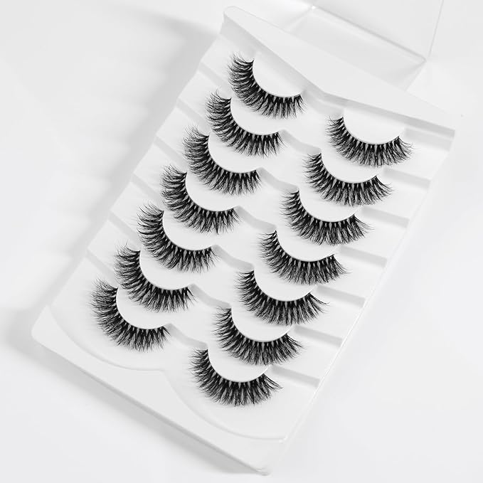 3D Clear Band Lashes Natural Volume Soft Faux Mink Lashes D Curl Cat Eye Wispy Fake Eyelashes Short Cross Reusable False EyeLashes 7 Pairs (No.197)